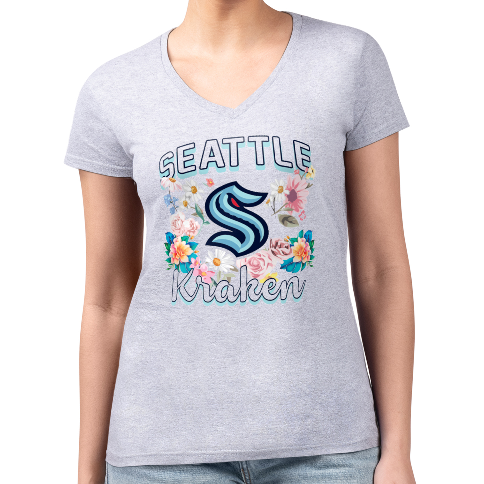 Women's G-III 4Her by Carl Banks Heather Gray Seattle Kraken Super-Slim Fit Lightweight Flower Logo V-Neck T-Shirt